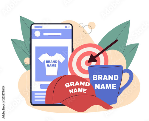 Illustration of branding products, including a smartphone, target, cap, and mug with leaves on a beige background. Concept of advertising and marketing. Vector illustration