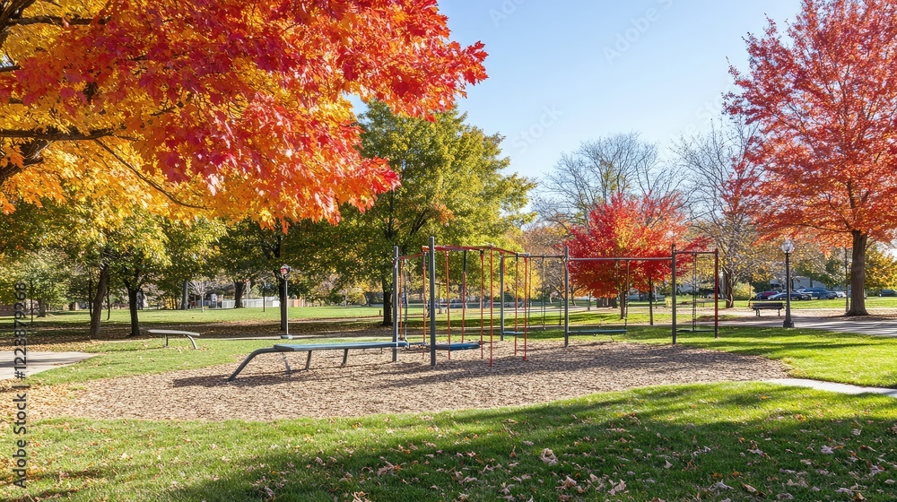 A vibrant park featuring calisthenics equipment, pull-up bars, and parallel bars surrounded by trees and open grassy areas. A vibrant park featuring calisthenics equipment, pull-up bars, and parallel bars surrounded by trees and open grassy areas.