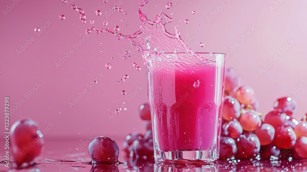 A glass of grape juice tipping over, creating a vibrant splash on a table