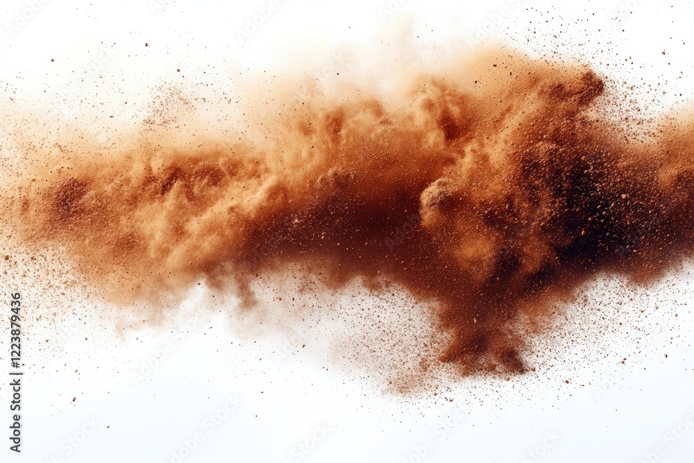 Dynamic brown powder explosion captured in motion studio setting abstract art high contrast viewpoint visual impact