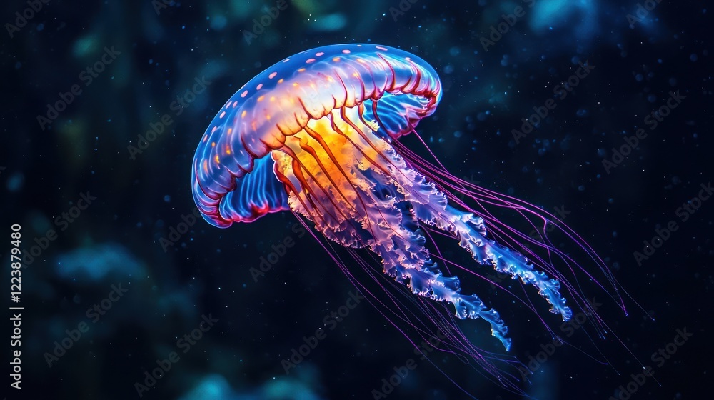 A glowing jellyfish with vibrant colors drifting through the deep sea at night