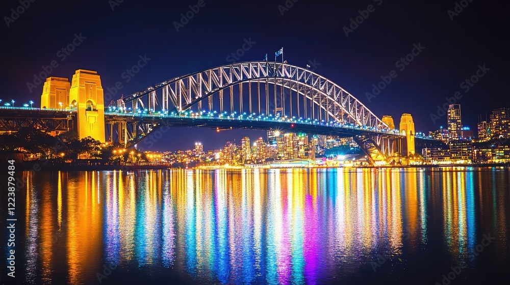 A wide-angle shot of an iconic urban bridge illuminated at night, with its reflection sparkling on the river below. A wide-angle shot of an iconic urban bridge illuminated at night, with its reflection sparkling on the river below.
