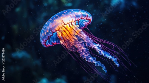 A glowing jellyfish with vibrant colors drifting through the deep sea at night