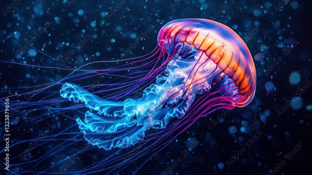 A glowing jellyfish with vibrant colors drifting through the deep sea at night