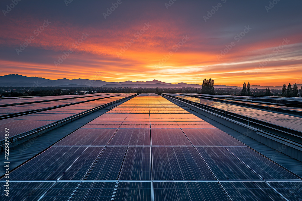 Fototapeta premium A Green Energy Warehouse at Dusk, Rows of Eco-Conscious Equipment Highlighting the Future of Sustainable Power