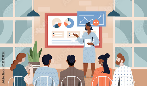 A female presenter discusses data charts on a screen while addressing a seated audience. Modern flat style, indoor setting. Concept of teamwork and education. Vector illustration