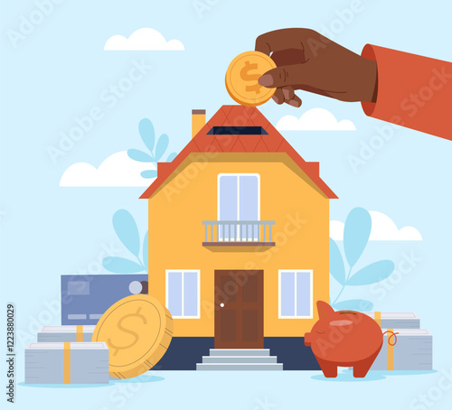 Hand placing a coin in a house-shaped piggy bank, surrounded by money stacks, a piggy bank, and a credit card. Flat design on a blue background. Financial concept. Vector illustration.