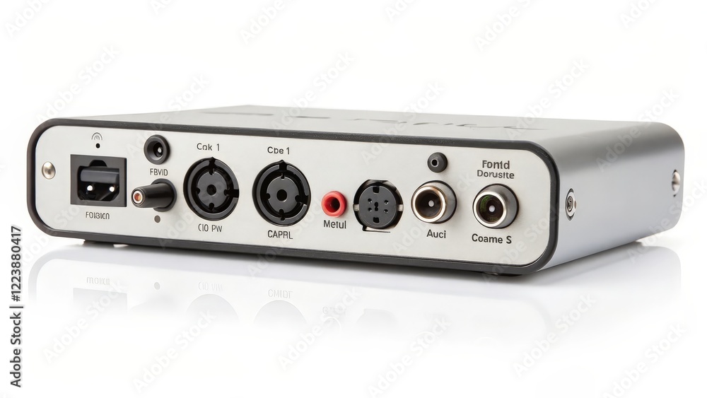 Rear view of a silver audio interface device Rear view of a silver audio interface device