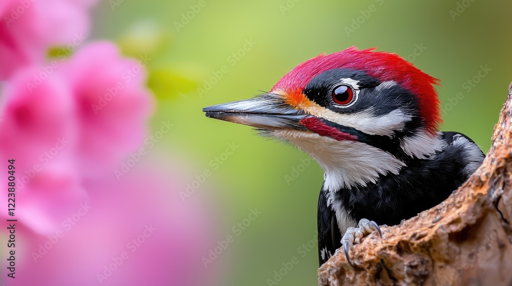 Pileated Woodpecker perched in tree, pink flowers blurred background, nature wildlife photography