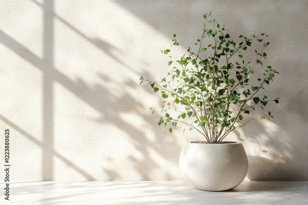 Pot with plant on table in sunlit room; green leaves, white ceramic, natural light; cozy home decor. Pot with plant on table in sunlit room; green leaves, white ceramic, natural light; cozy home decor.