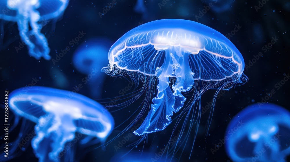 A group of glowing jellyfish floating gracefully in deep blue water