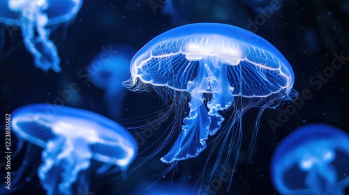 Obraz na płótnie A group of glowing jellyfish floating gracefully in deep blue water w salonie