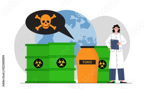 Toxic waste barrels, globe background, scientist holding clipboard. Concept of environmental danger, pollution, hazardous waste. Vector illustration