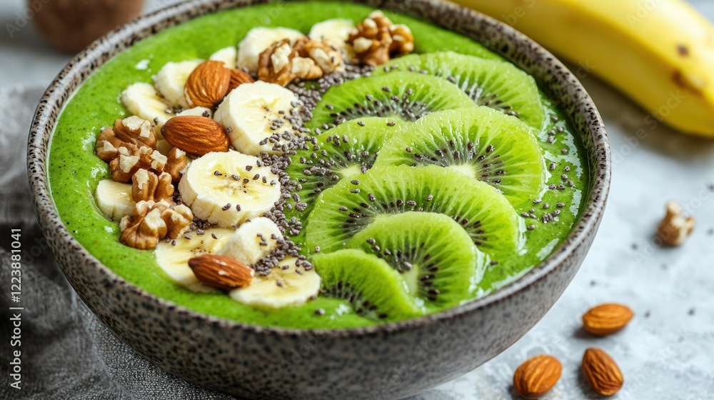 A healthy green smoothie bowl decorated with sliced kiwi, banana, and nuts