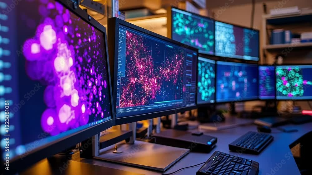 Multiple computer screens displaying colorful abstract data visualizations in a dark modern office environment, suggesting manufacturing process monitoring and analysis Multiple computer screens displaying colorful abstract data visualizations in a dark modern office environment, suggesting manufacturing process monitoring and analysis
