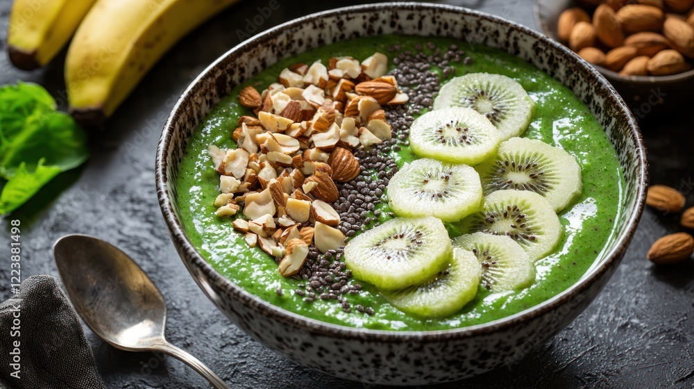 A healthy green smoothie bowl decorated with sliced kiwi, banana, and nuts