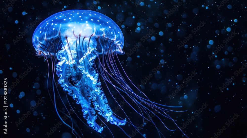 A mesmerizing jellyfish glowing in the dark waters of the ocean