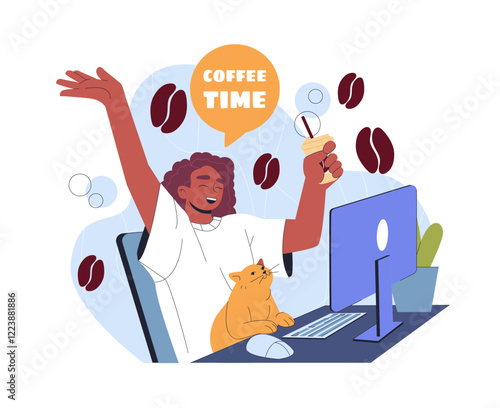 Woman enjoying coffee at her desk with her cat, surrounded by coffee beans, on a white background. Concept of relaxation and productivity. Vector illustration