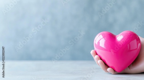 Hand holding pink heart, love, care, hope,  grey background, healthcare campaign