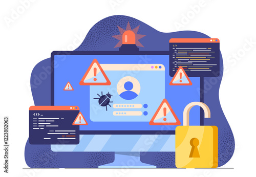 Computer screen with warning signs, bug icons, and coding elements on a modern background, representing a cybersecurity breach concept. Vector illustration