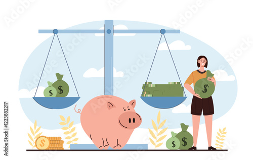 Scale balancing money bags and cash, alongside a smiling piggy bank and a woman holding a sack. Flat design on a light background. Financial savings concept. Vector illustration.