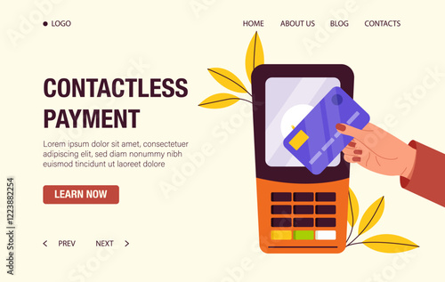 Illustration of a contactless payment terminal with a hand holding a card. Minimalist design, yellow background, featuring modern financial technology. Vector illustration.