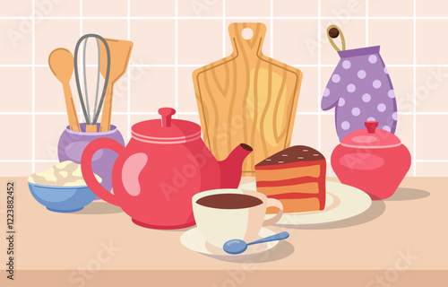Kitchen utensils, teapot, cake slice, and cup of tea on a countertop. Wooden cutting board and polka-dot oven mitt against tiled wall. Cozy kitchen concept. Vector illustration