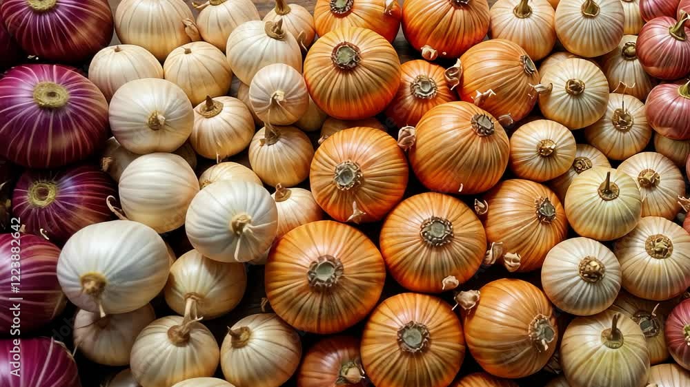 A colorful selection of various onions arranged neatly on a wooden table. the vibrant hues create a visually appealing pattern, evoking a sense of freshness and abundance. A colorful selection of various onions arranged neatly on a wooden table. the vibrant hues create a visually appealing pattern, evoking a sense of freshness and abundance.