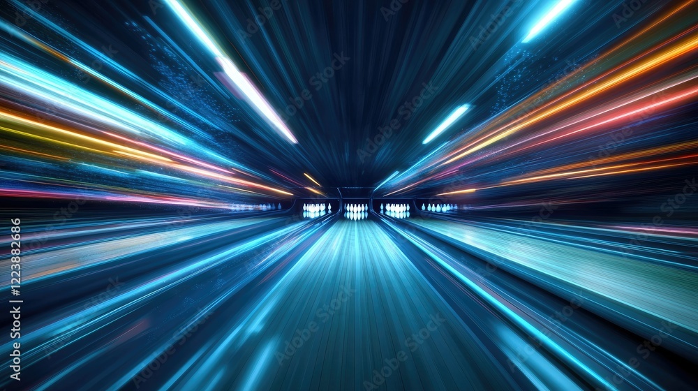 Action shot of a bowling ball spinning down the track, with the pins in the distance and overhead lights highlighting the motion Action shot of a bowling ball spinning down the track, with the pins in the distance and overhead lights highlighting the motion