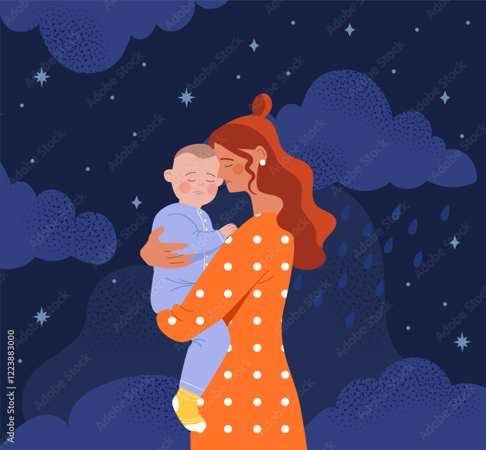 Mother holding and comforting a crying baby under a starry night sky with clouds and raindrops, wearing an orange polka-dot dress. Parenthood and care concept. Vector illustration. Mother holding and comforting a crying baby under a starry night sky with clouds and raindrops, wearing an orange polka-dot dress. Parenthood and care concept. Vector illustration.