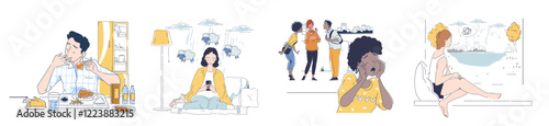 Illustrations of people experiencing daily life emotions eating, stress, social interactions, and solitude, in minimal vector style on white background. Flat cartoon line art vector illustration.