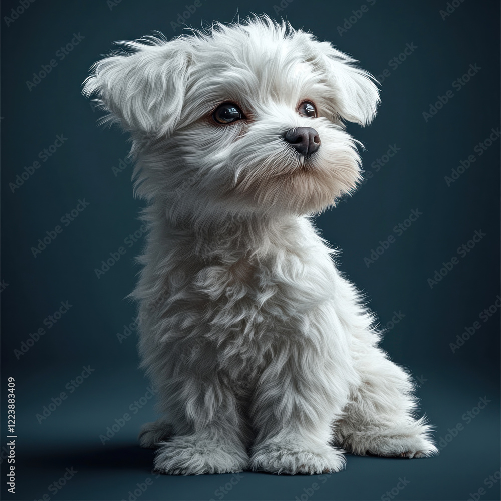 White dog sitting on a blue background, looking attentively at the camera with its ears perked up. White dog sitting on a blue background, looking attentively at the camera with its ears perked up.