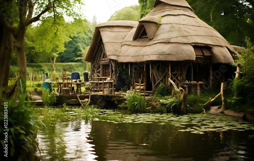 A wooden house by the river with reflections in the water, surrounded by trees and nature, reminiscent of a quiet summer atmosphere in the countryside. photo