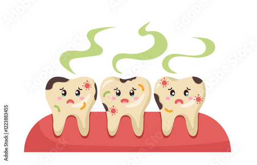 Cartoon illustration of three decayed teeth with bacteria, discoloration, and bad breath on a red gum background. Dental health and hygiene concept. Vector illustration