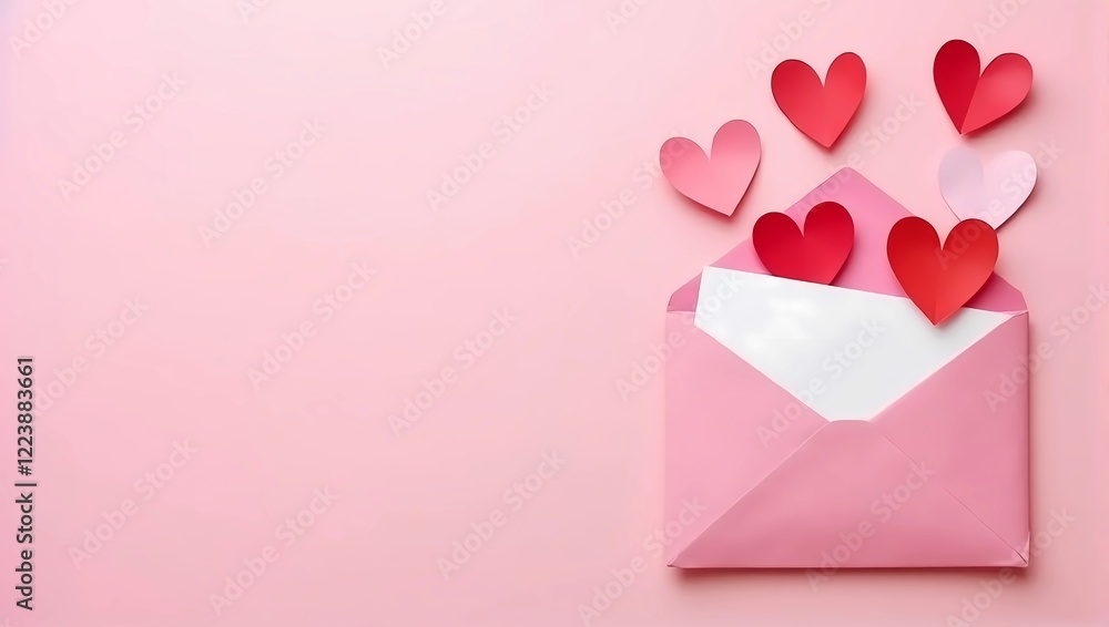 Top view of copy space on left side for text surrounded by a blank white card in pink envelope and hearts shape, isolated on pink pastel background, Valentine's Day celebration concept Top view of copy space on left side for text surrounded by a blank white card in pink envelope and hearts shape, isolated on pink pastel background, Valentine's Day celebration concept
