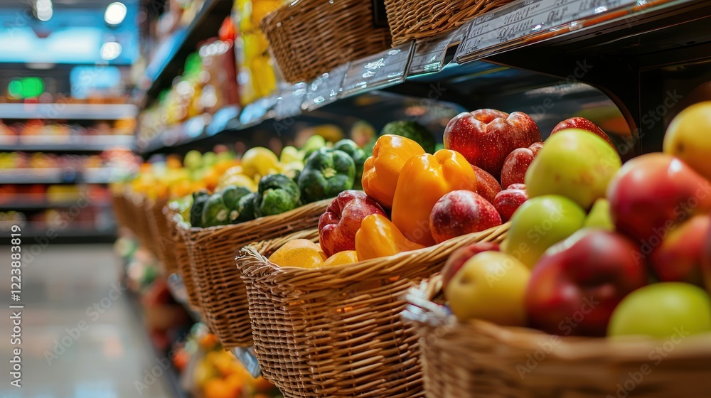 An organized grocery store with baskets of fruits and vegetables in the foreground
