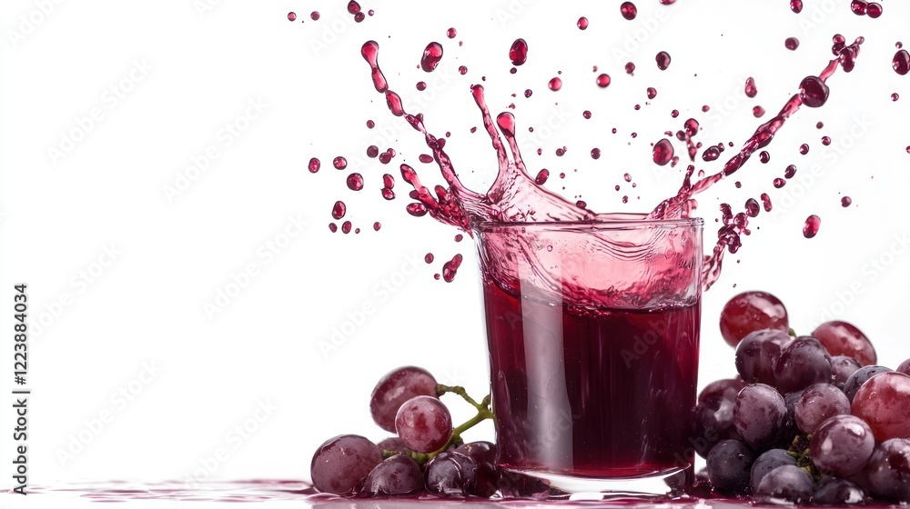 Grape juice being poured with a dramatic splash against a white background