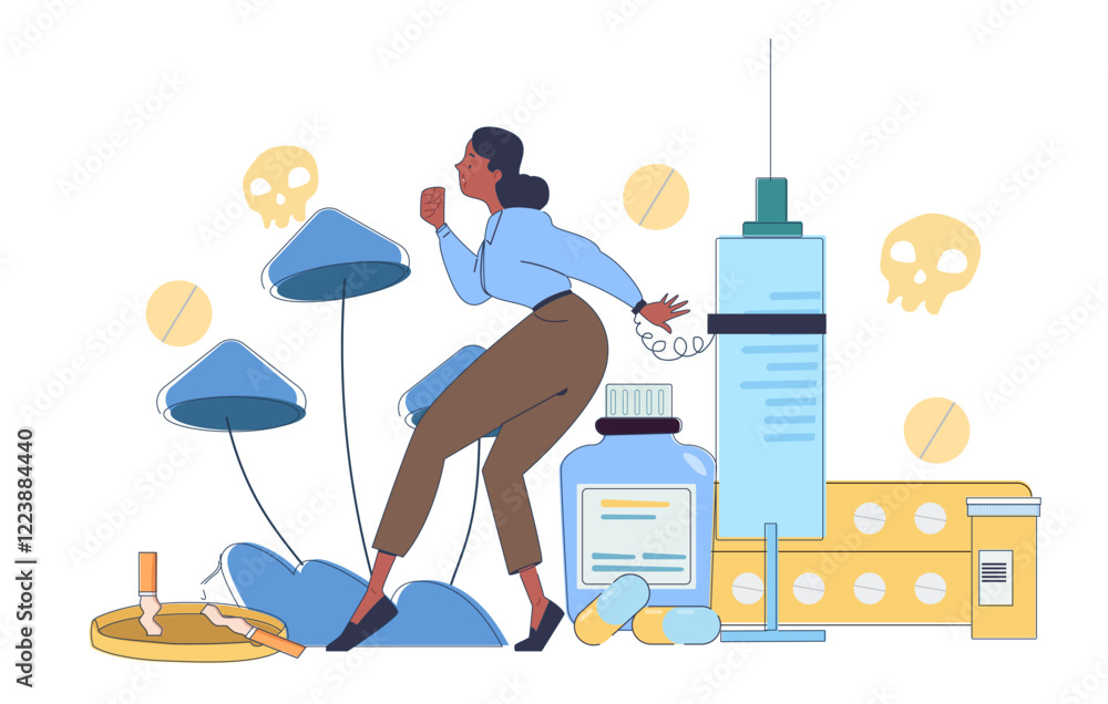 A woman avoiding harmful substances like drugs, cigarettes, and pills. Creative flat design on a white background. Concept of overcoming addiction. Vector illustration A woman avoiding harmful substances like drugs, cigarettes, and pills. Creative flat design on a white background. Concept of overcoming addiction. Vector illustration