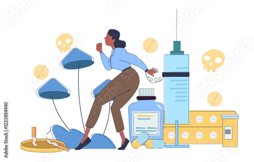 A woman avoiding harmful substances like drugs, cigarettes, and pills. Creative flat design on a white background. Concept of overcoming addiction. Vector illustration