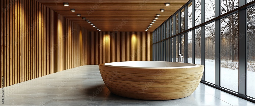 Obraz premium Modern wooden bathtub in minimalist spa.
