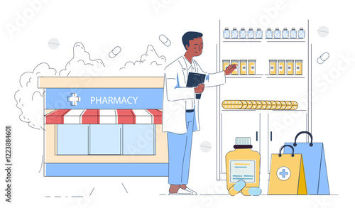 A pharmacist in a white coat checking medication on shelves near a storefront. Cartoon style on a white background. Concept of pharmacy services. Vector illustration
