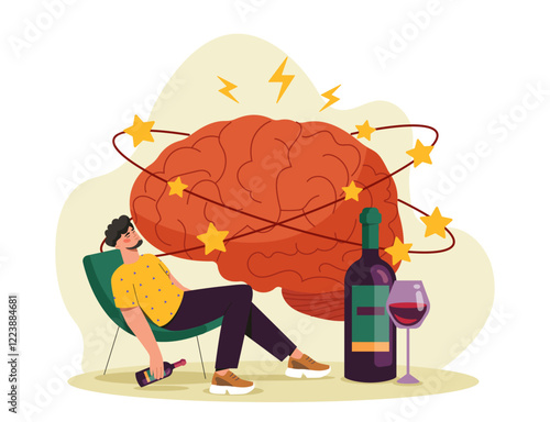 A man sitting with wine, large brain in the background with stars and lines, colorful flat graphic style, light backdrop. Concept of alcohol effects. Vector illustration