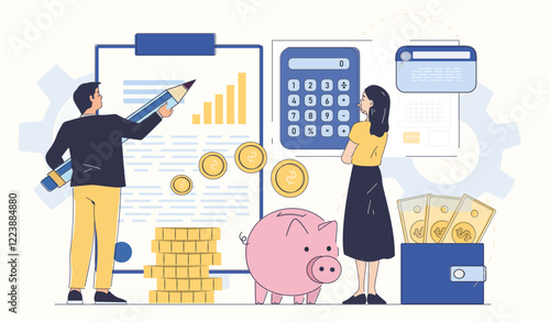 People analyzing financial data with charts, coins, a piggy bank, and a calculator on a white background. Concept of financial management. Flat line art vector illustration