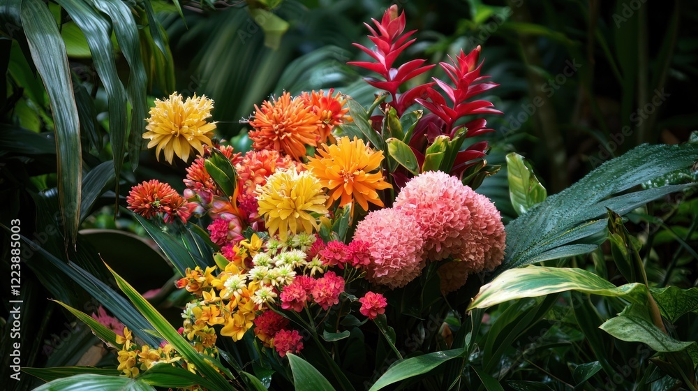 A bouquet of vibrant flowers in full bloom, with lush greenery surrounding them