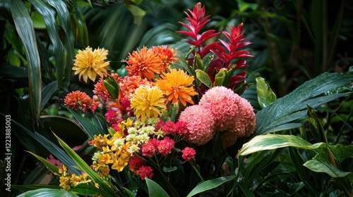 Obraz na płótnie A bouquet of vibrant flowers in full bloom, with lush greenery surrounding them w salonie