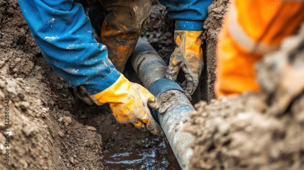 A close-up shot of a plumber repairing underground water pipes in a city infrastructure project, Municipal pipe repair scene, Practical and precise style A close-up shot of a plumber repairing underground water pipes in a city infrastructure project, Municipal pipe repair scene, Practical and precise style