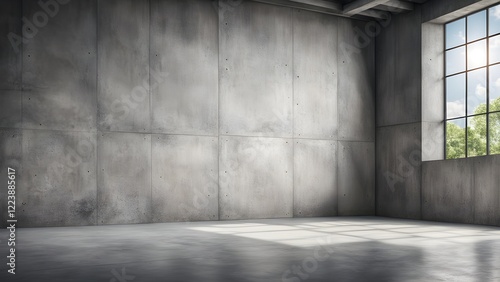 Sunlit empty industrial interior with concrete walls and floor, featuring a large window showcasing greenery.