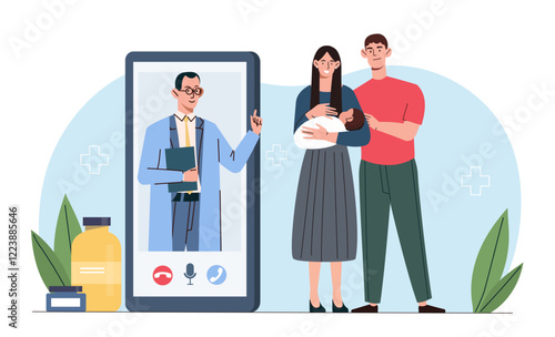 Family with a baby consulting a doctor online through a smartphone. Bright modern style, blue and white background, concept of telemedicine and healthcare. Vector illustration