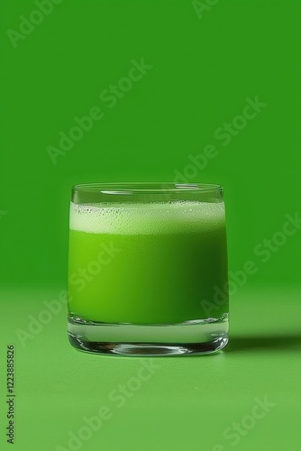 Refreshing green juice in a clear glass modern kitchen beverage photography vibrant green background photo