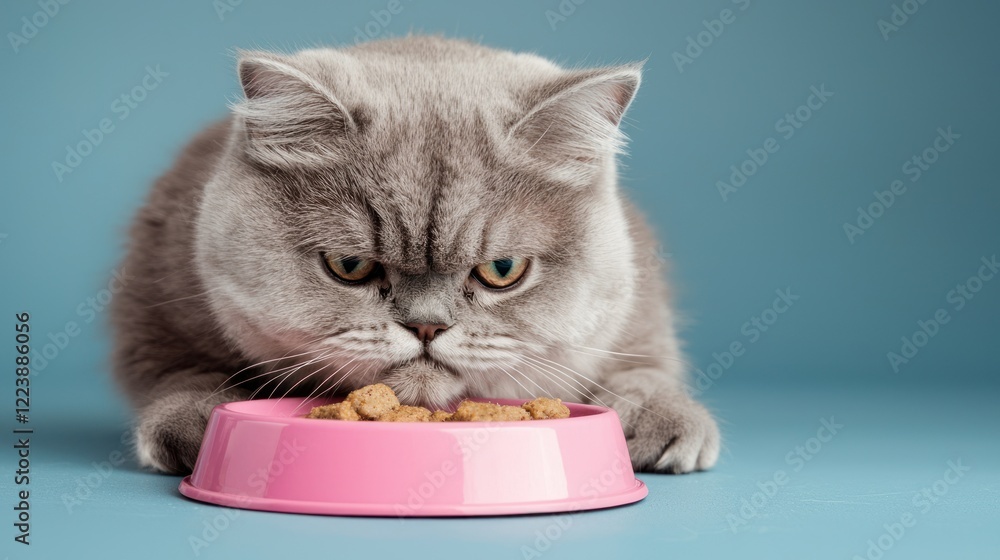 A cat with a sour expression, sitting beside a bowl of food it refuses to eat